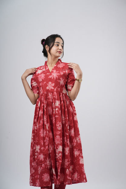 Red Tonal Floral Print Cotton Co-ord Set