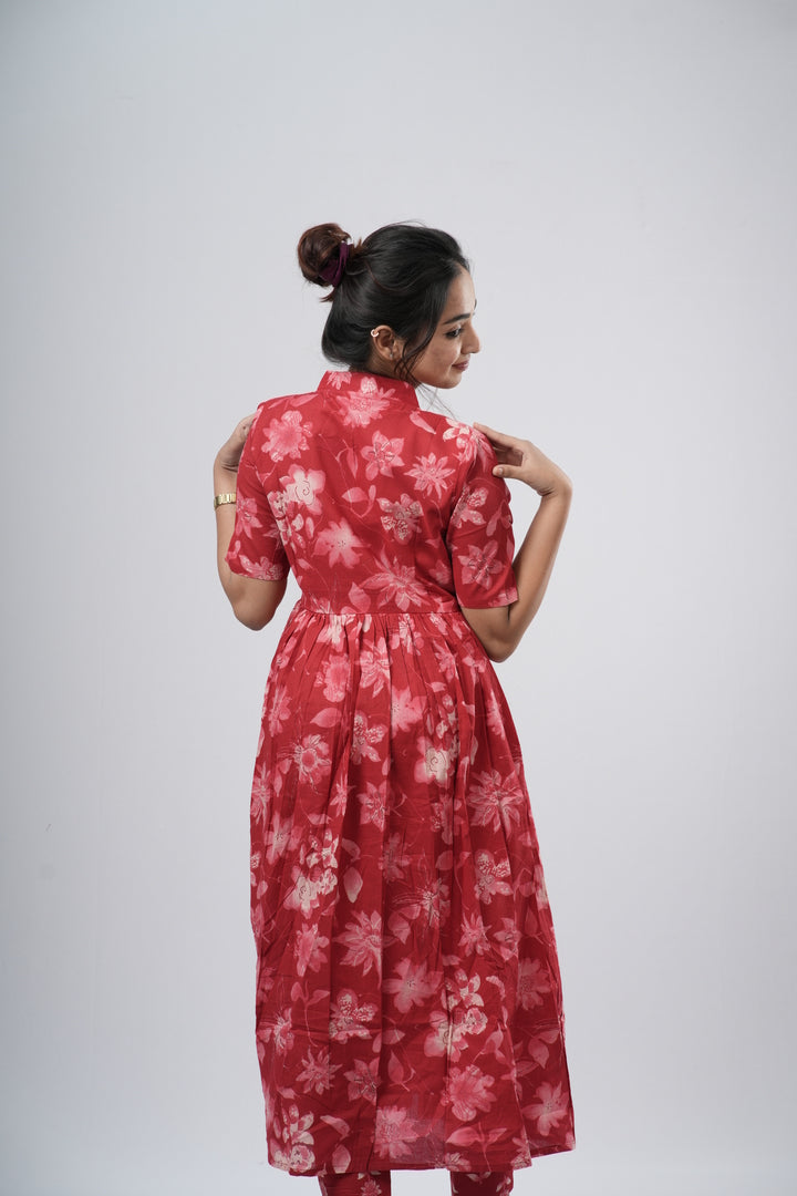 Red Tonal Floral Print Cotton Co-ord Set