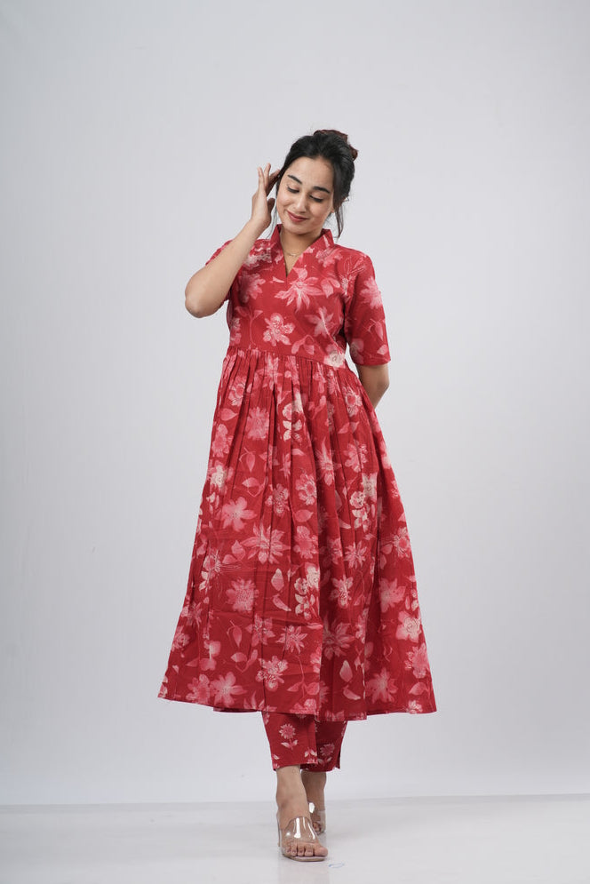 Red Tonal Floral Print Cotton Co-ord Set