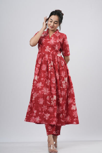 Red Tonal Floral Print Cotton Co-ord Set
