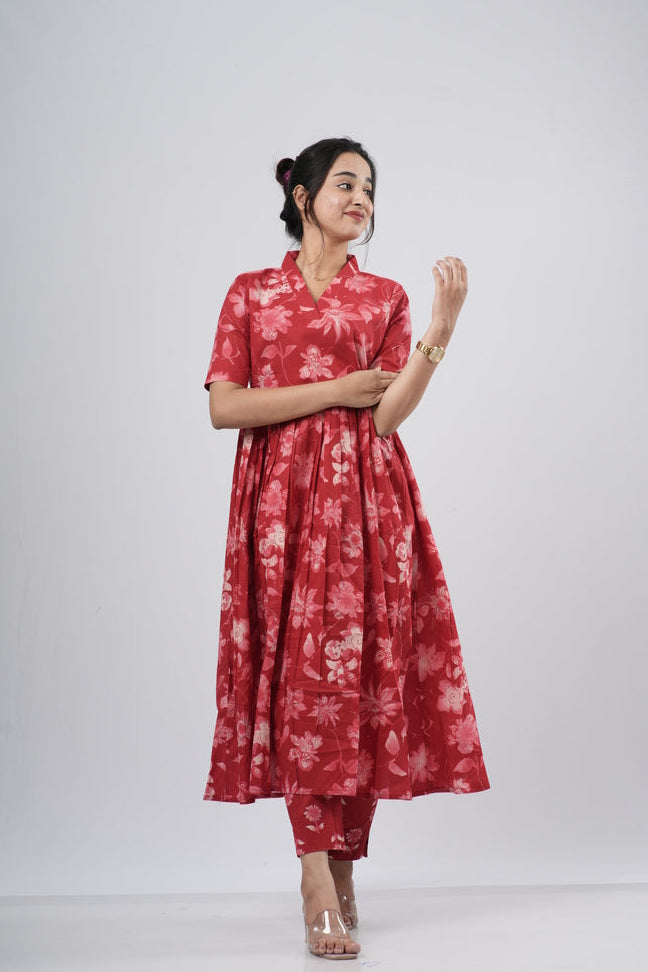 Red Tonal Floral Print Cotton Co-ord Set