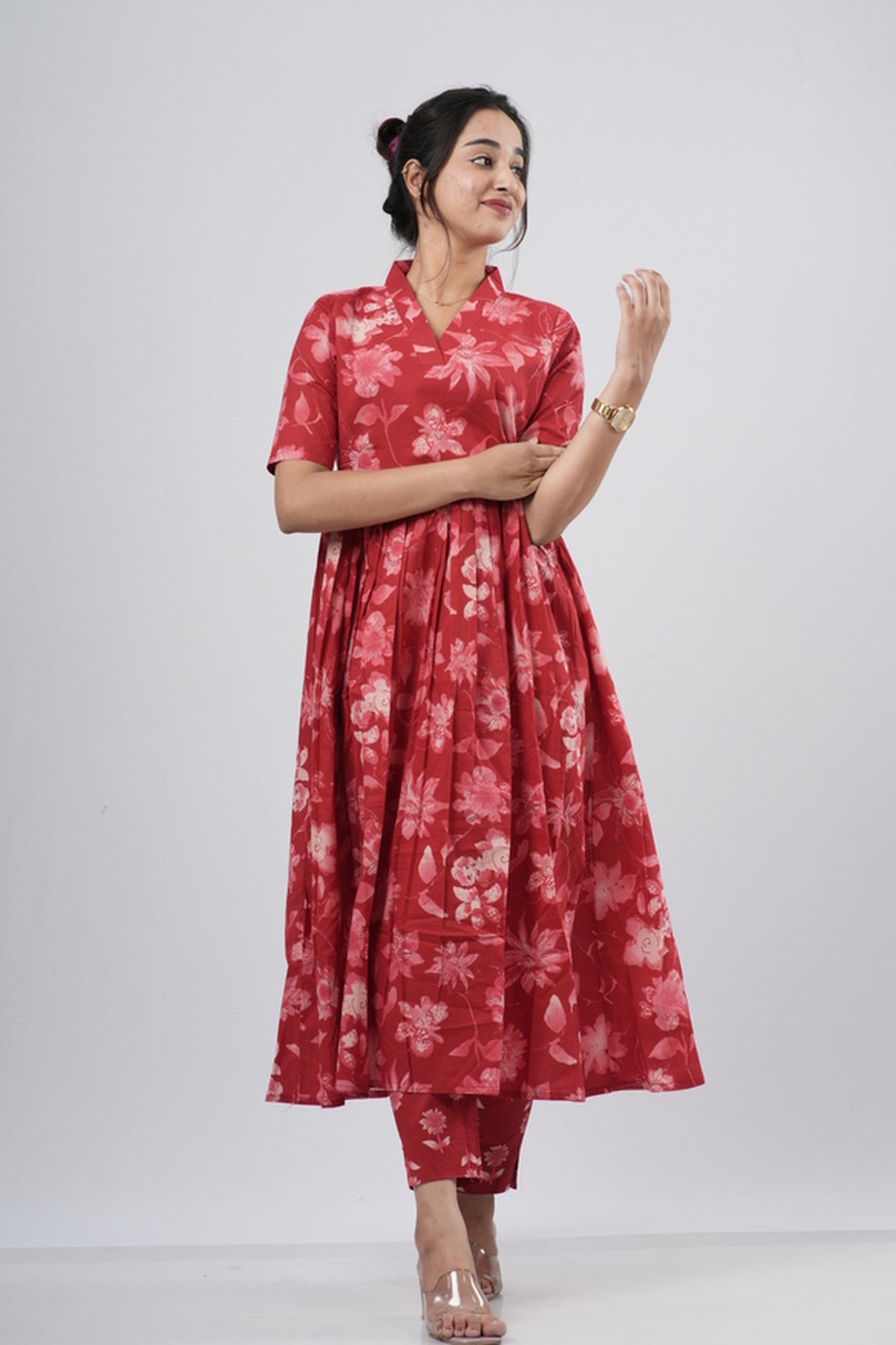 Red Tonal Floral Print Cotton Co-ord Set
