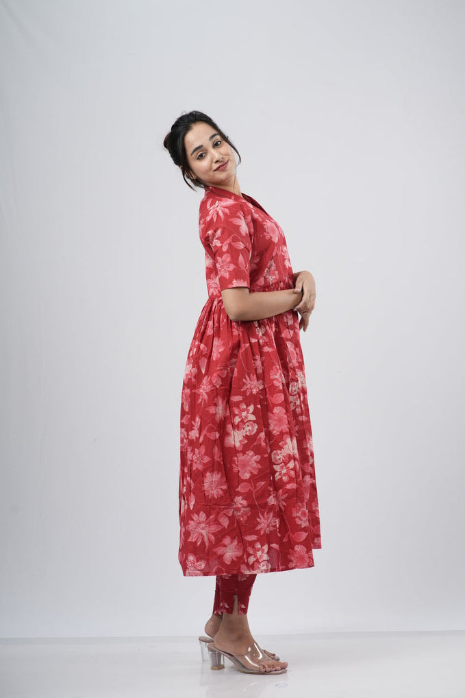 Red Tonal Floral Print Cotton Co-ord Set
