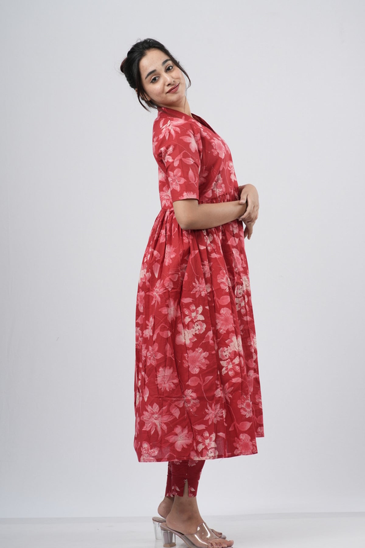 Red Tonal Floral Print Cotton Co-ord Set