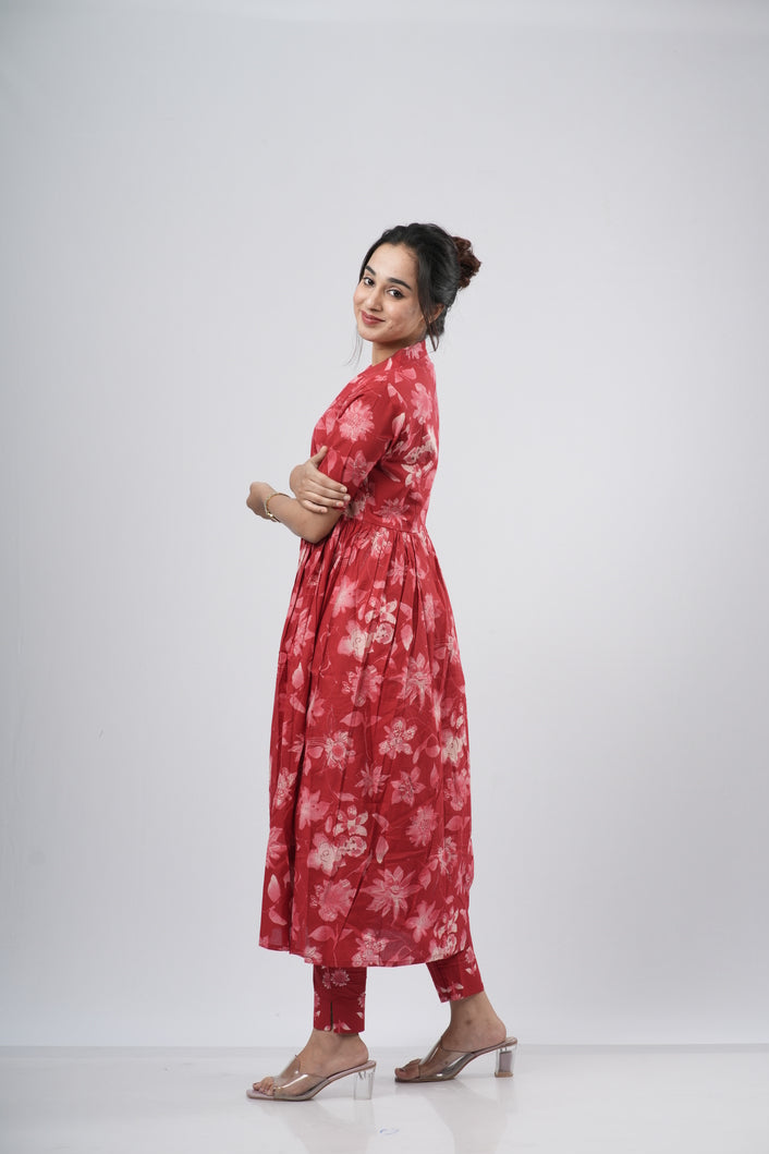 Red Tonal Floral Print Cotton Co-ord Set