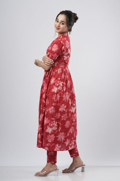 Red Tonal Floral Print Cotton Co-ord Set