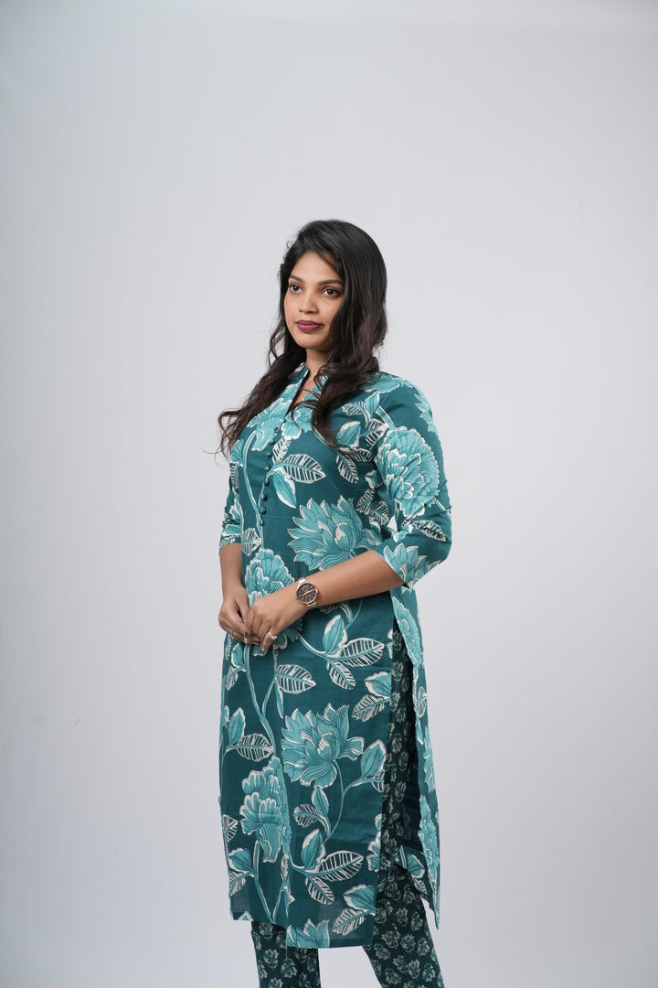 Oceanic Teal Floral Cotton Co-ord Set