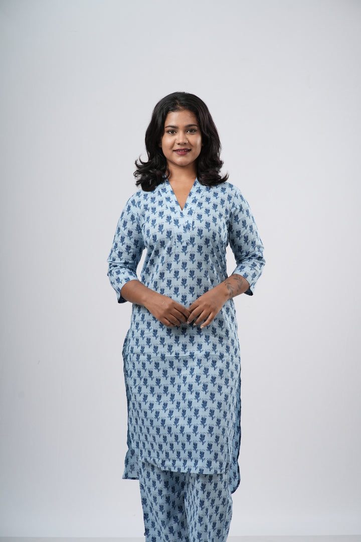 Sky Blue & Navy Floral Print Cotton Co-ord Set
