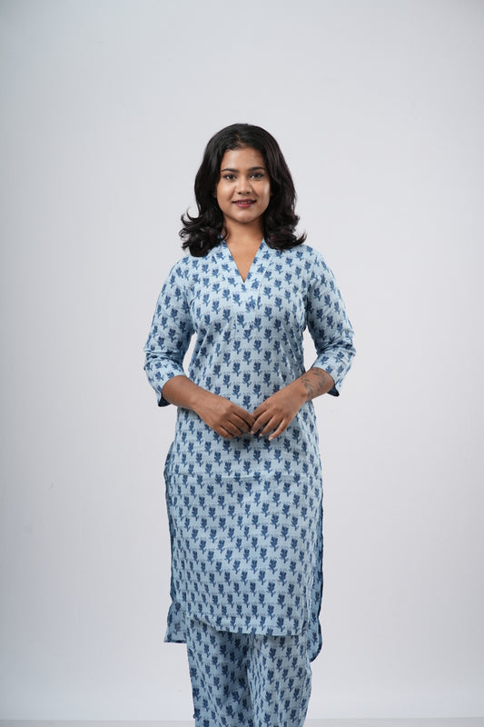 Sky Blue & Navy Floral Print Cotton Co-ord Set