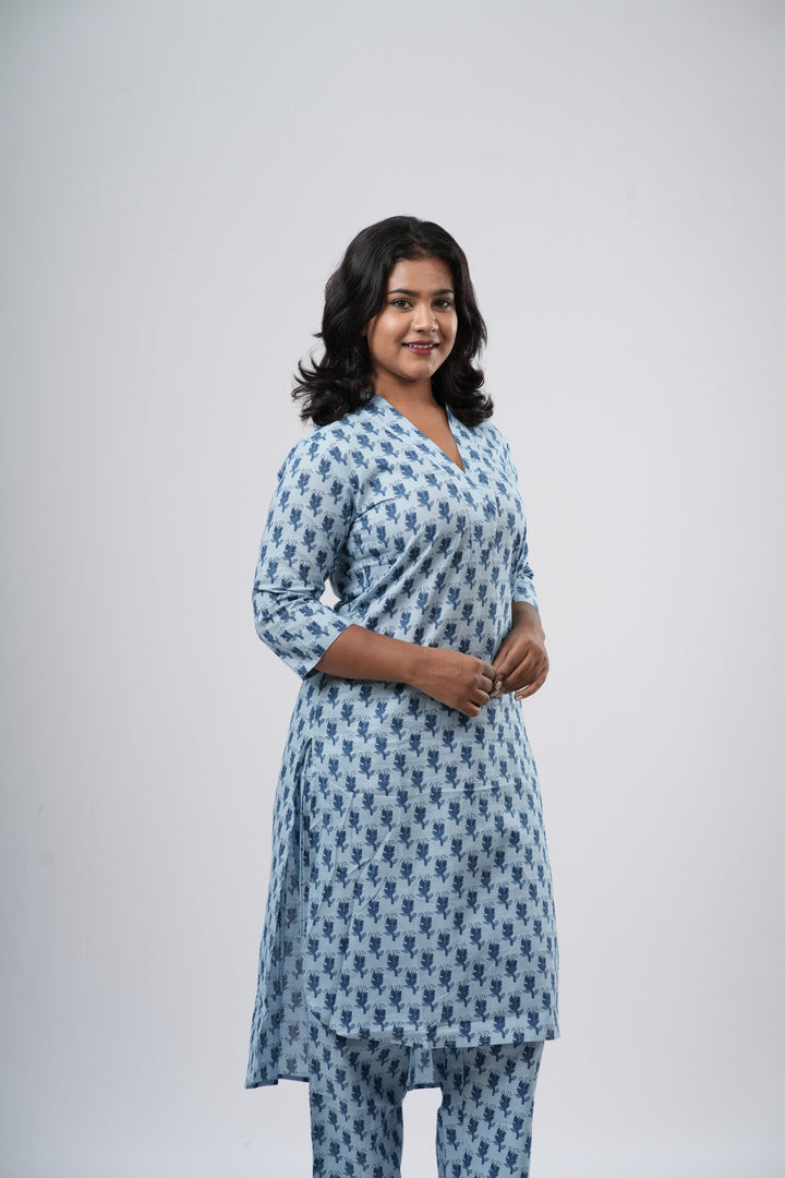 Sky Blue & Navy Floral Print Cotton Co-ord Set