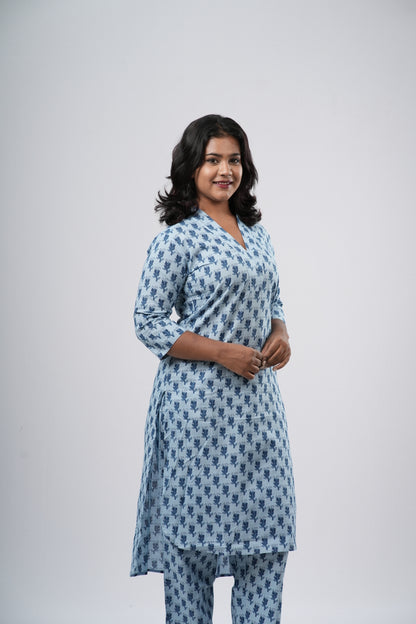 Sky Blue & Navy Floral Print Cotton Co-ord Set