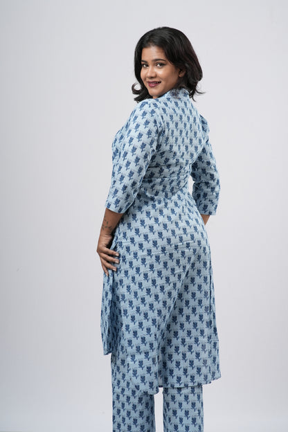 Sky Blue & Navy Floral Print Cotton Co-ord Set