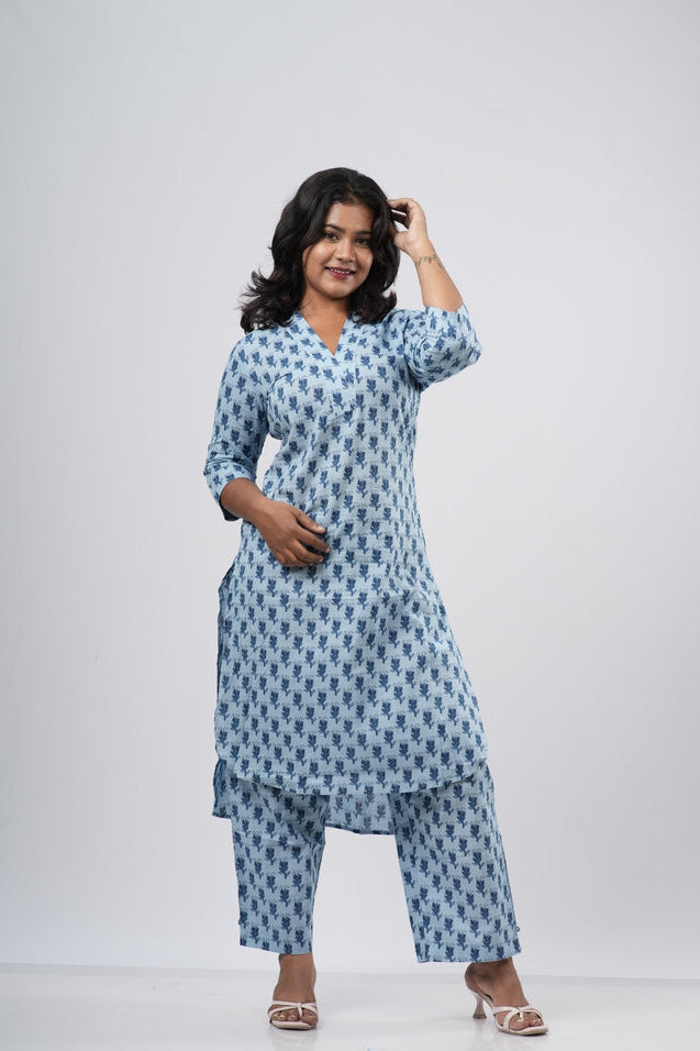 Sky Blue & Navy Floral Print Cotton Co-ord Set
