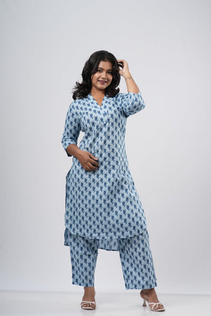 Sky Blue & Navy Floral Print Cotton Co-ord Set