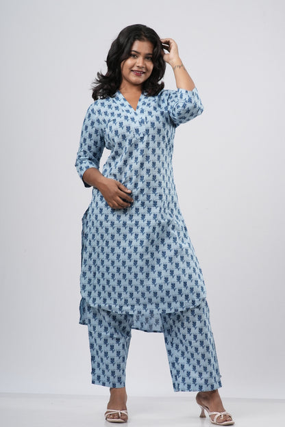 Sky Blue & Navy Floral Print Cotton Co-ord Set