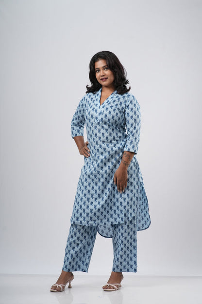 Sky Blue & Navy Floral Print Cotton Co-ord Set