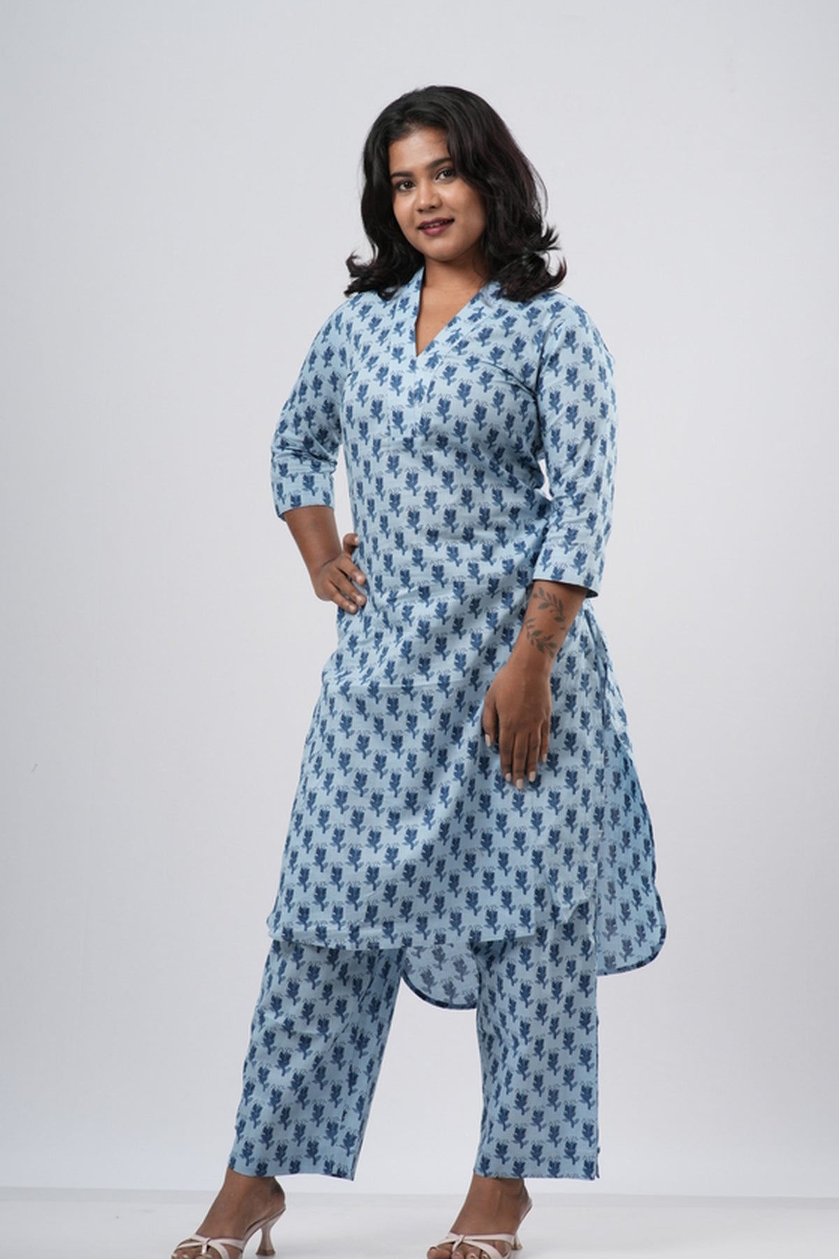 Sky Blue & Navy Floral Print Cotton Co-ord Set