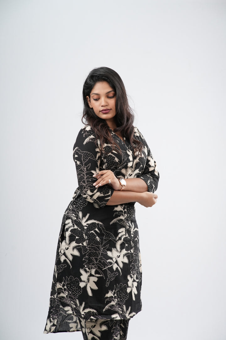 Charcoal Black & White Lily Floral Print Cotton Co-ord Set
