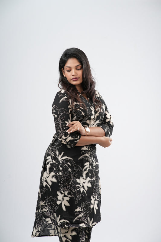 Charcoal Black & White Lily Floral Print Cotton Co-ord Set