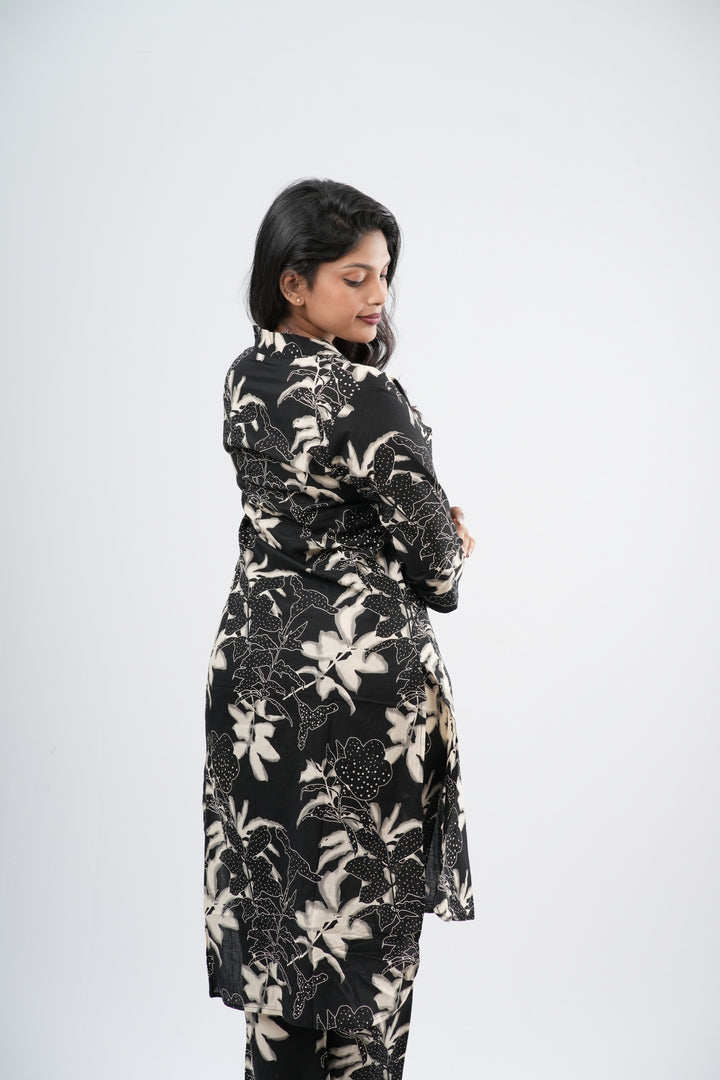 Charcoal Black & White Lily Floral Print Cotton Co-ord Set