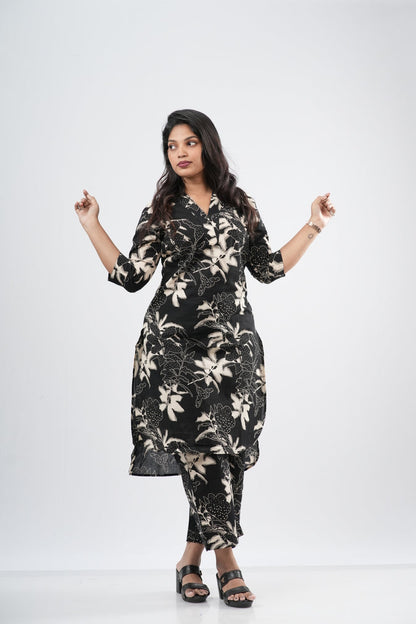 Charcoal Black & White Lily Floral Print Cotton Co-ord Set