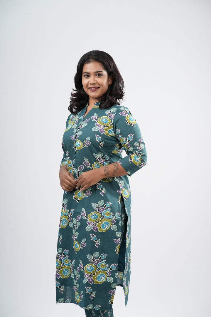 Teal Sage Green Floral Cotton Co-ord Set
