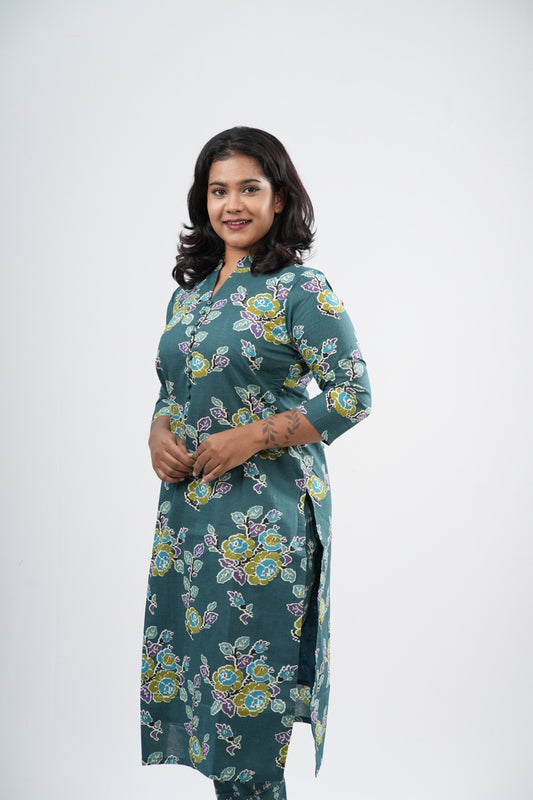 Teal Sage Green Floral Cotton Co-ord Set