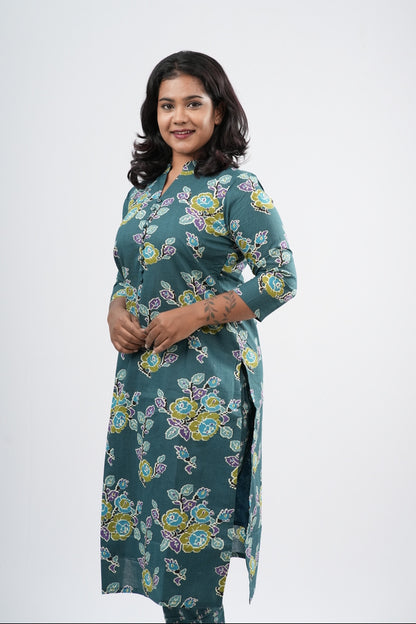 Teal Sage Green Floral Cotton Co-ord Set