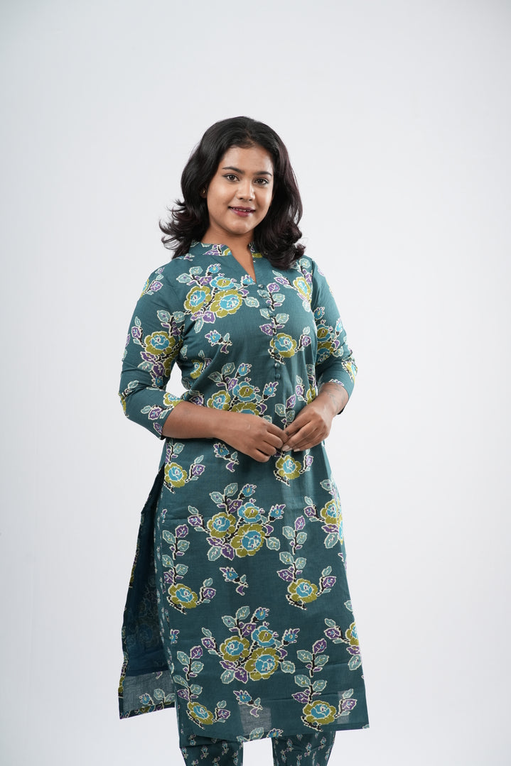 Teal Sage Green Floral Cotton Co-ord Set