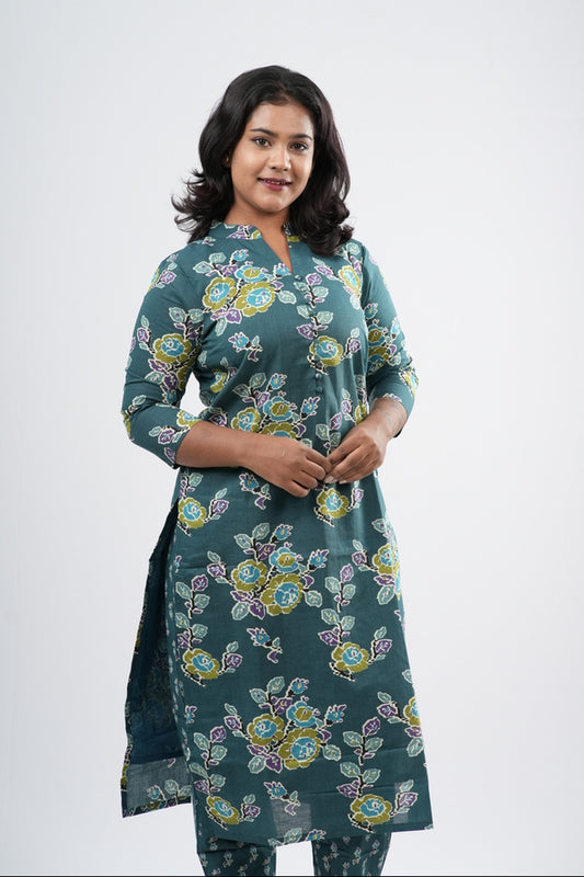 Teal Sage Green Floral Cotton Co-ord Set
