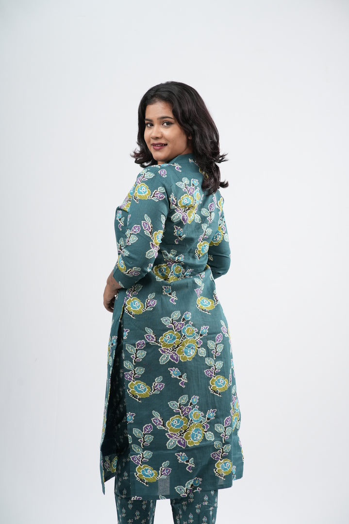 Teal Sage Green Floral Cotton Co-ord Set