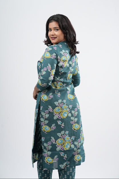 Teal Sage Green Floral Cotton Co-ord Set