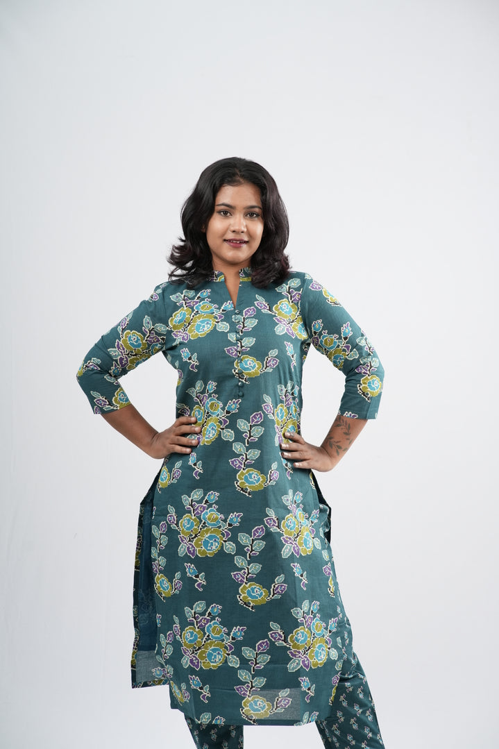 Teal Sage Green Floral Cotton Co-ord Set