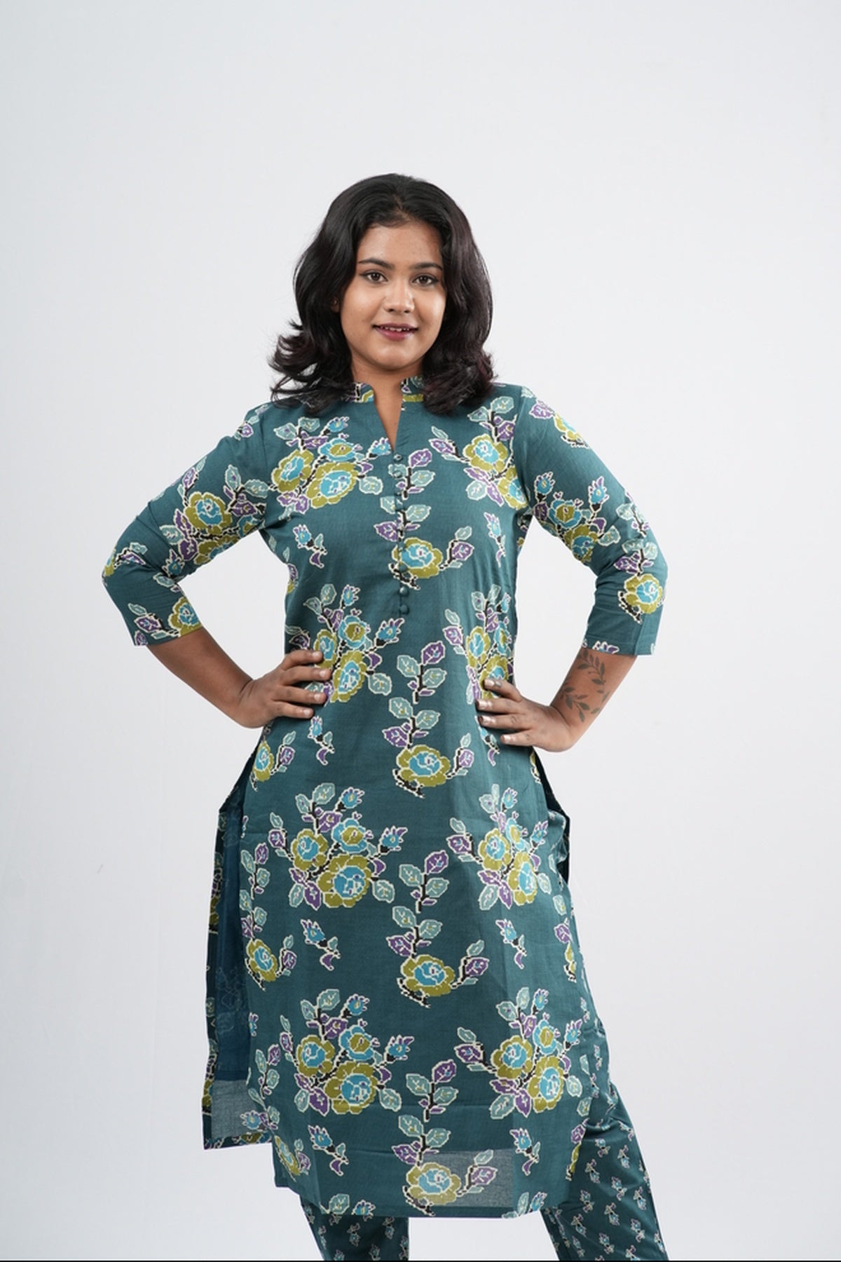 Teal Sage Green Floral Cotton Co-ord Set