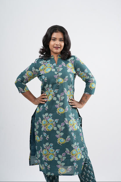 Teal Sage Green Floral Cotton Co-ord Set