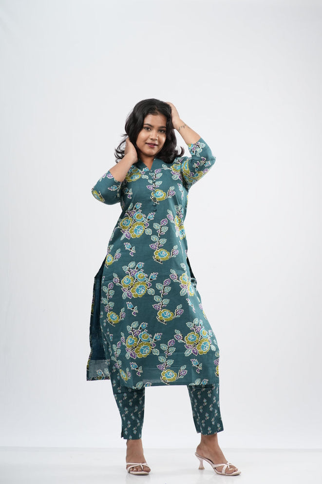 Teal Sage Green Floral Cotton Co-ord Set
