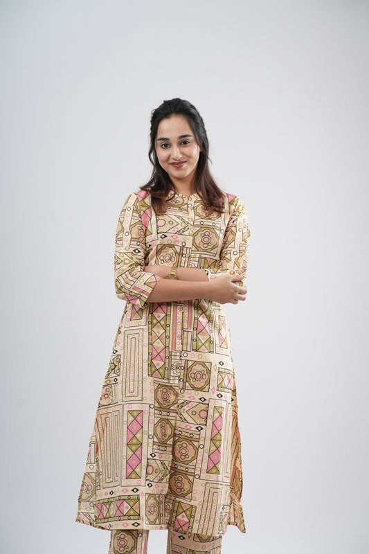 Beige & Multi-Color Geometric Tile Print Cotton Co-ord Set