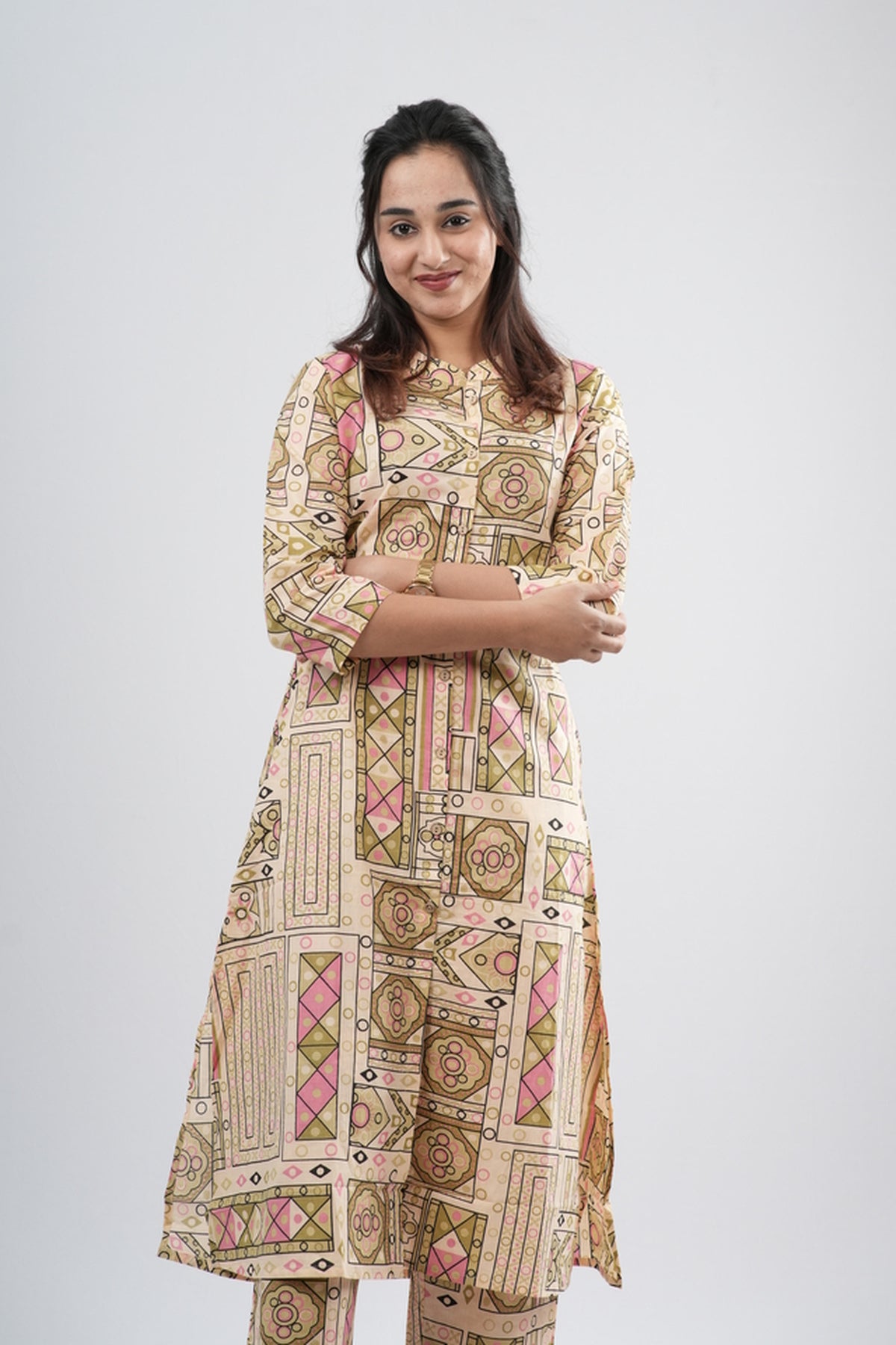 Beige & Multi-Color Geometric Tile Print Cotton Co-ord Set