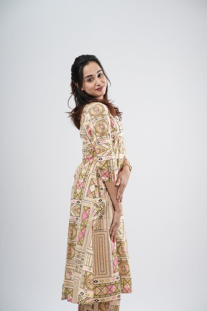Beige & Multi-Color Geometric Tile Print Cotton Co-ord Set
