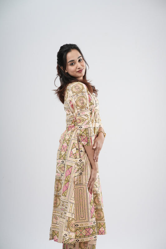 Beige & Multi-Color Geometric Tile Print Cotton Co-ord Set
