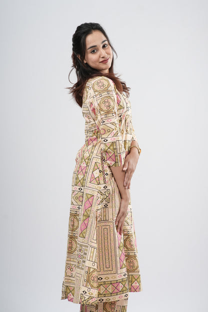 Beige & Multi-Color Geometric Tile Print Cotton Co-ord Set