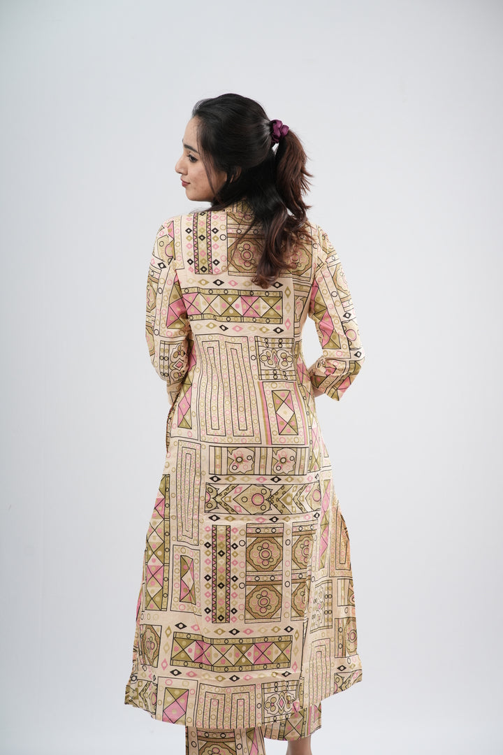 Beige & Multi-Color Geometric Tile Print Cotton Co-ord Set