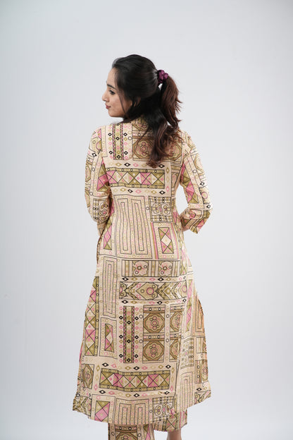 Beige & Multi-Color Geometric Tile Print Cotton Co-ord Set