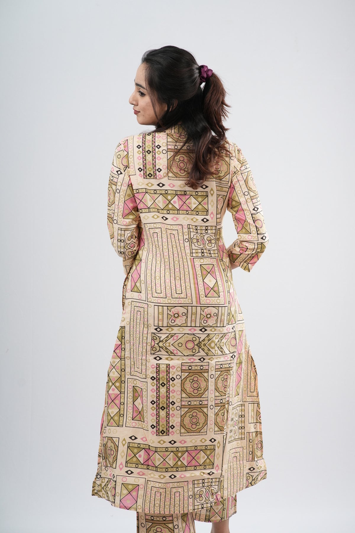 Beige & Multi-Color Geometric Tile Print Cotton Co-ord Set