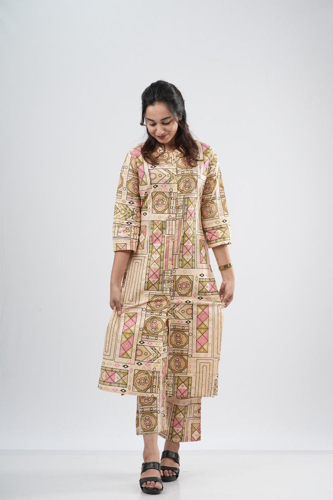 Beige & Multi-Color Geometric Tile Print Cotton Co-ord Set