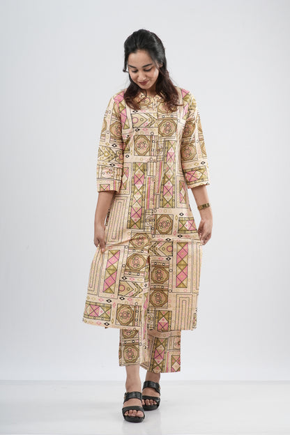Beige & Multi-Color Geometric Tile Print Cotton Co-ord Set