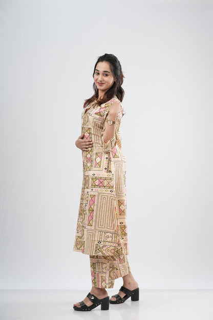 Beige & Multi-Color Geometric Tile Print Cotton Co-ord Set