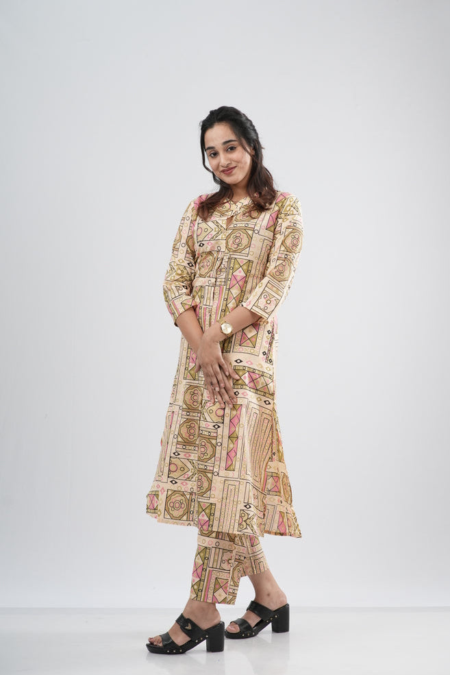 Beige & Multi-Color Geometric Tile Print Cotton Co-ord Set