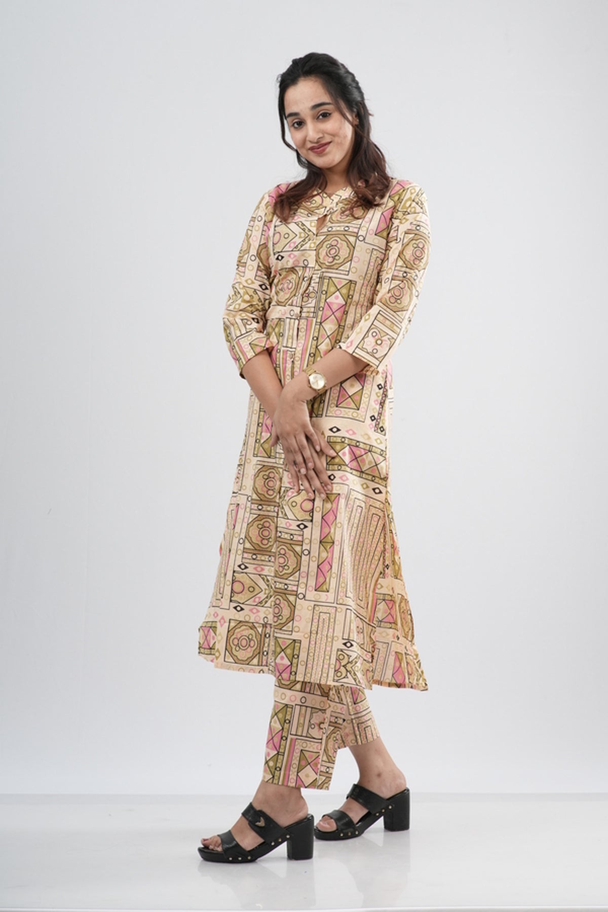 Beige & Multi-Color Geometric Tile Print Cotton Co-ord Set