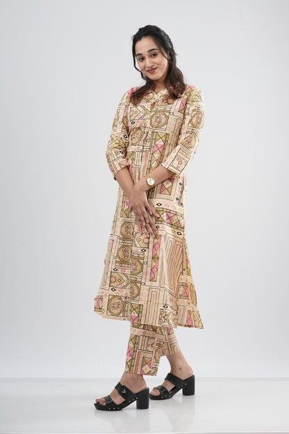 Beige & Multi-Color Geometric Tile Print Cotton Co-ord Set